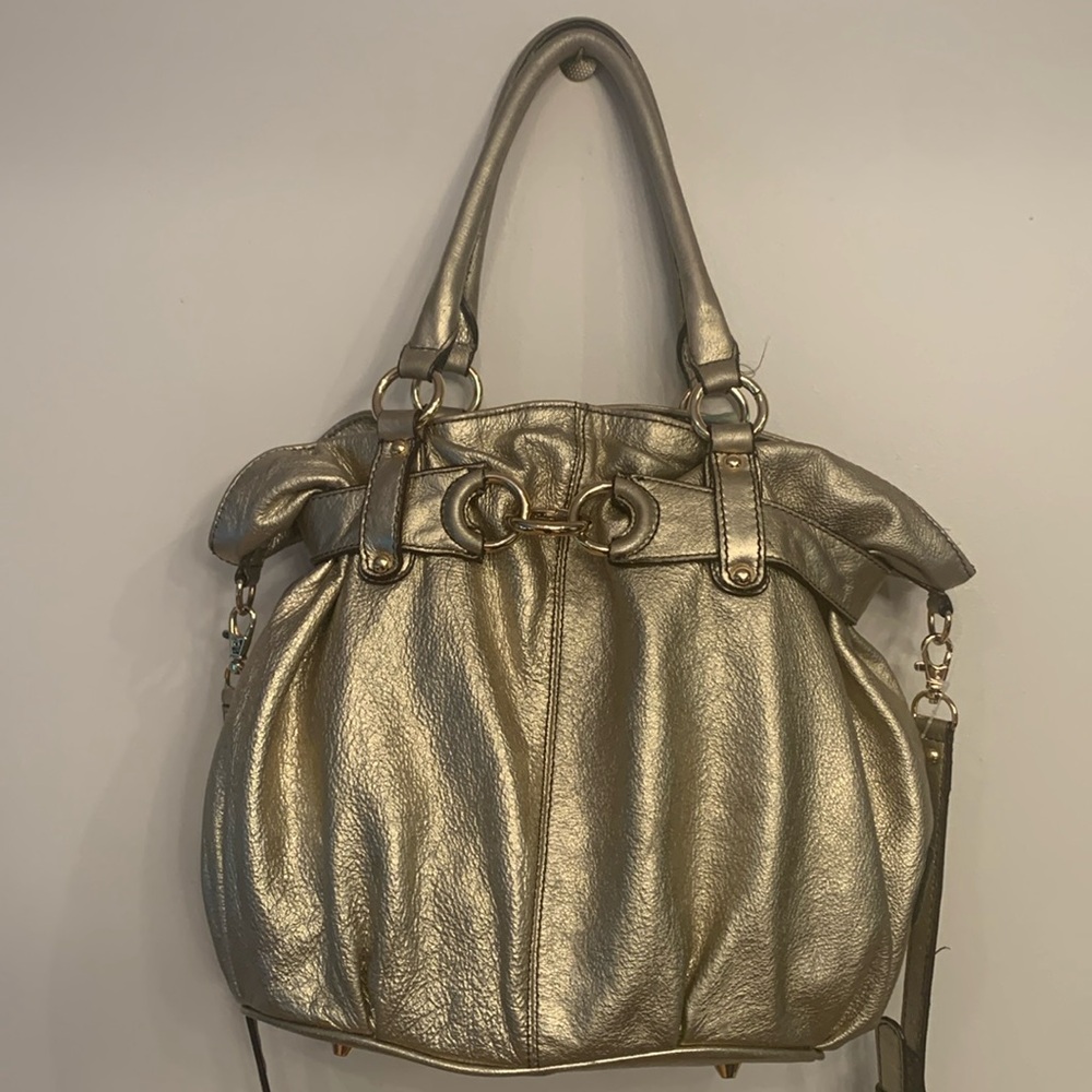 Max New York Signature metallic gold genuine leather crossbody slouch handbag